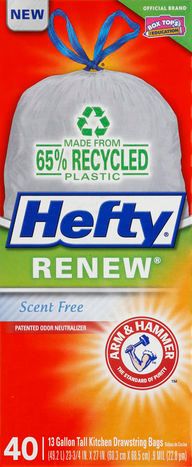 Hefty Renew 13 Gallon Tall Kitchen Drawstring Bags, Scent Free, 40