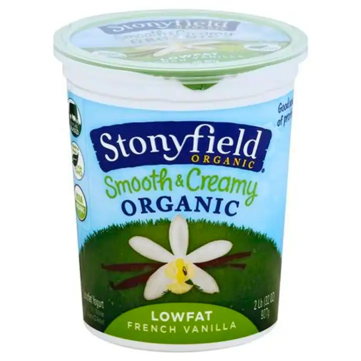 Order Stonyfield Farm Organic Yogurt, Lowfat, Organic, Smooth & Creamy, French Vanilla - 32 Ounces food online from Holiday farms store, Roslyn Heights on bringmethat.com