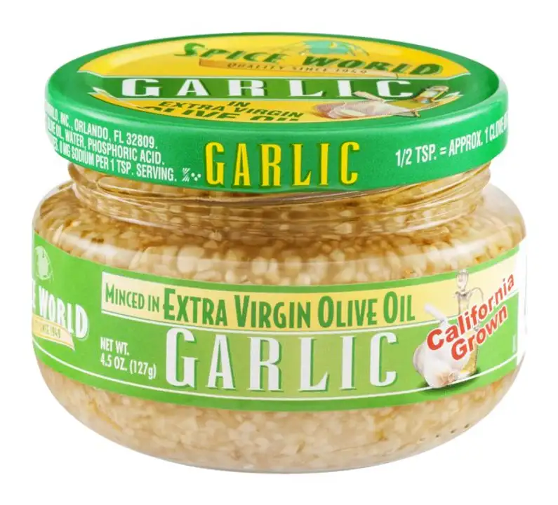 Order Spice World Garlic, in Extra Virgin Olive Oil, Minced - 4.5 Ounces food online from Holiday farms store, Roslyn Heights on bringmethat.com