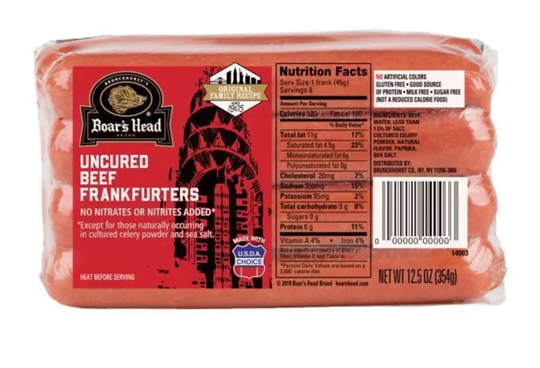 Order Boar's Head® Uncured Beef Frankfurters - 12.5 Ounces food online from Holiday farms store, Roslyn Heights on bringmethat.com