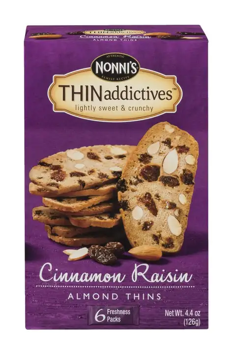 Order Nonnis Thin Addictives Cookies, Almond Thin, Cinnamon Raisin - 4.44 Ounces food online from Holiday farms store, Roslyn Heights on bringmethat.com