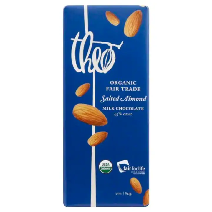 Order Theo Milk Chocolate, Organic, Salted Almond - 3 Ounces food online from Whole Foods Co-Op Denfeld store, Duluth on bringmethat.com