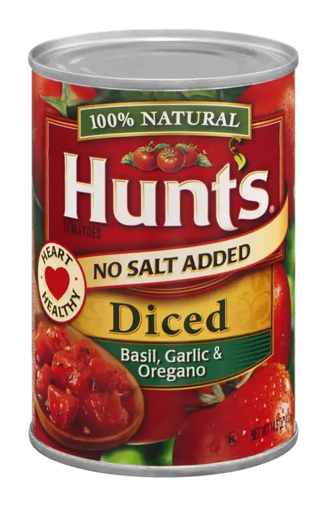 Order Hunts Tomatoes, No Salt Added, Basil, Garlic & Oregano, Diced - 14.5 Ounces food online from Holiday farms store, Roslyn Heights on bringmethat.com