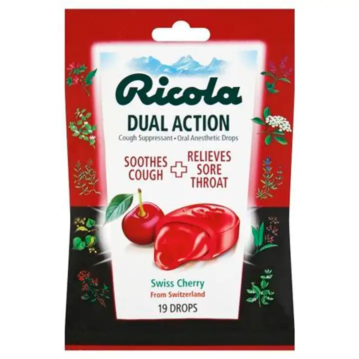 Order Ricola Dual Action Cough Suppressant/Oral Anesthetic, Swiss Cherry, Drops -  19 Lz food online from Fligner Market store, Lorain on bringmethat.com