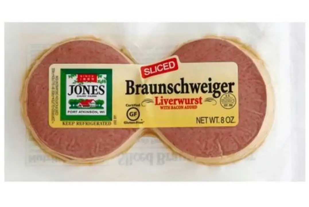Order Jones Dairy Farm Braunschweiger, Liverwurst, with Bacon Added, Sliced - 8 Ounces food online from Novato Harvest Market store, Novato on bringmethat.com
