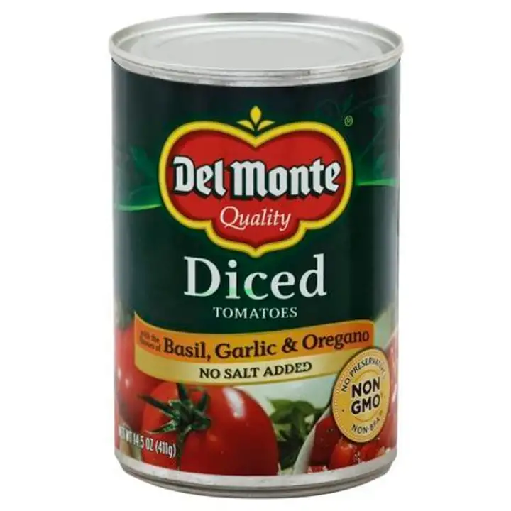 Order Del Monte Quality Tomatoes, with the Flavors of Basil, Garlic & Oregano, No Salt Added, Diced - 14.5 Ounces food online from Novato Harvest Market store, Novato on bringmethat.com