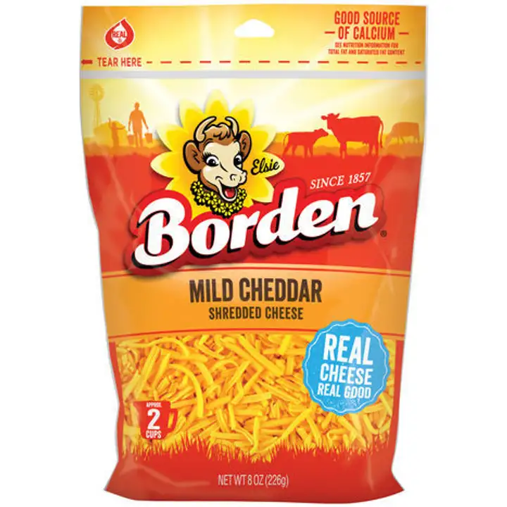 Order Borden Mild Cheddar Shredded Cheese - 8 Ounces food online from Fligner Market store, Lorain on bringmethat.com