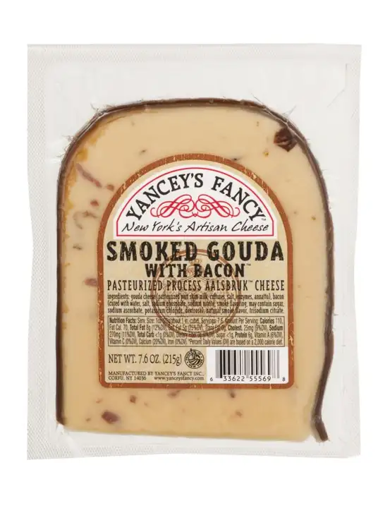 Order Yanceys Fancy Cheese, Pasteurized Process Aalsbruk, Smoked Gouda with Bacon - 7.6 Ounces food online from Novato Harvest Market store, Novato on bringmethat.com