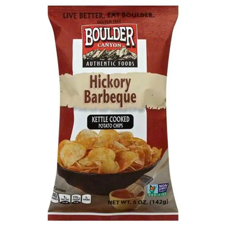 Order Boulder Canyon Potato Chips, Kettle Cooked, Hickory Barbeque - 5 Ounces food online from Whole Foods Co-Op Denfeld store, Duluth on bringmethat.com