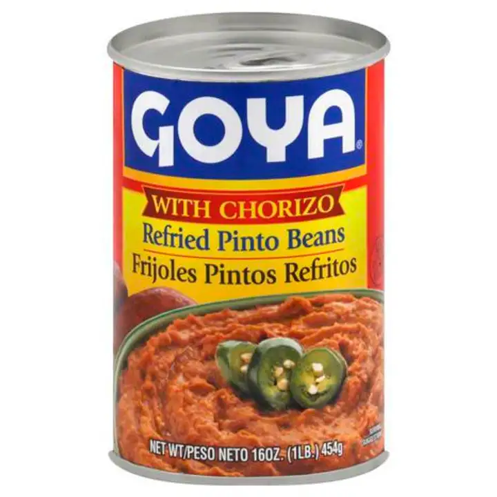 Order Goya Pinto Beans, Refried, with Chorizo - 16 Ounces food online from Fligner Market store, Lorain on bringmethat.com