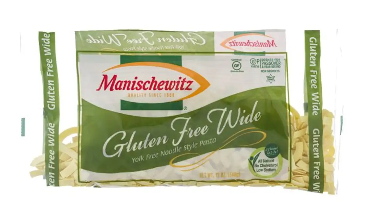Order Manischewitz Noodle Style Pasta, Yolk Free, Gluten Free, Wide - 12 Ounces food online from Whole Foods Co-Op Denfeld store, Duluth on bringmethat.com