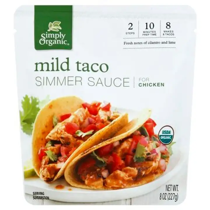 Order Simply Organic Simmer Sauce, Mild Taco, for Chicken - 8 Ounces food online from Whole Foods Co-Op Denfeld store, Duluth on bringmethat.com