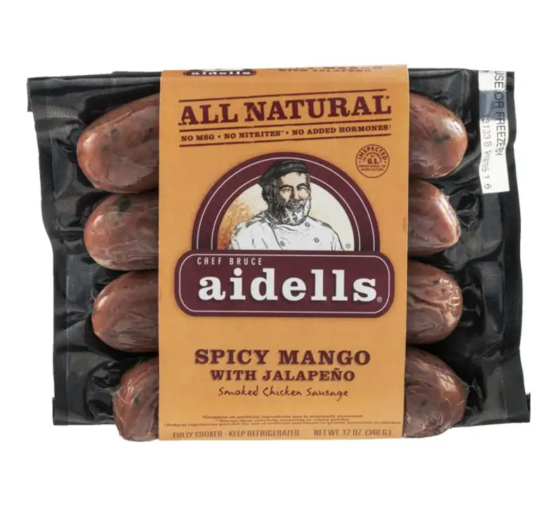 Order Aidells Sausage, Smoked Chicken & Turkey, Spicy Mango with Jalapeno - 12 Ounces food online from Novato Harvest Market store, Novato on bringmethat.com