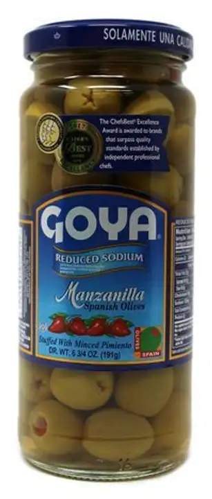Order Goya Reduced Sodium Manzanilla Spanish Olives - 6.75 Ounces food online from Fligner Market store, Lorain on bringmethat.com
