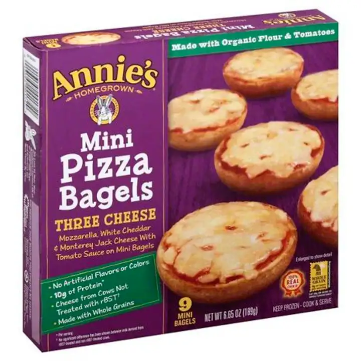 Order Annies Pizza Bagels, Three Cheese, Mini - 6.65 Ounces food online from Novato Harvest Market store, Novato on bringmethat.com