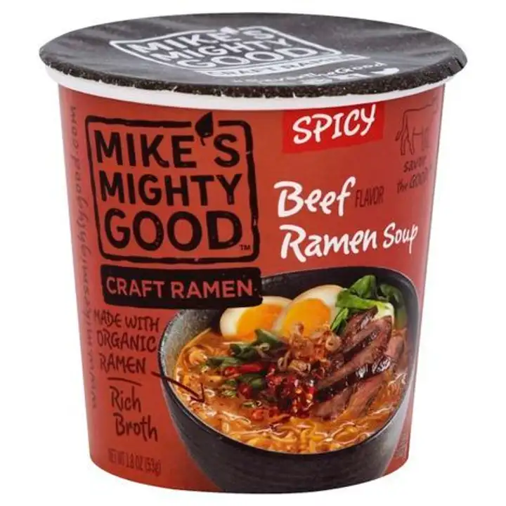 Order Mikes Mighty Good Soup, Ramen, Beef Flavor, Spicy - 1.8 Ounces food online from Whole Foods Co-Op Denfeld store, Duluth on bringmethat.com