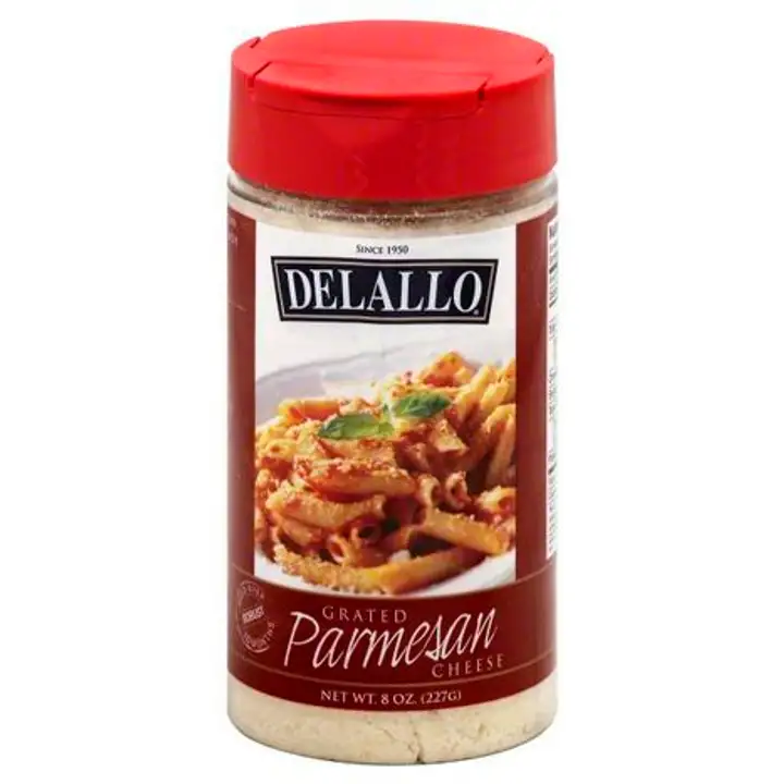 Order DeLallo Grated Cheese, Parmesan - 8 Ounces food online from Fligner Market store, Lorain on bringmethat.com