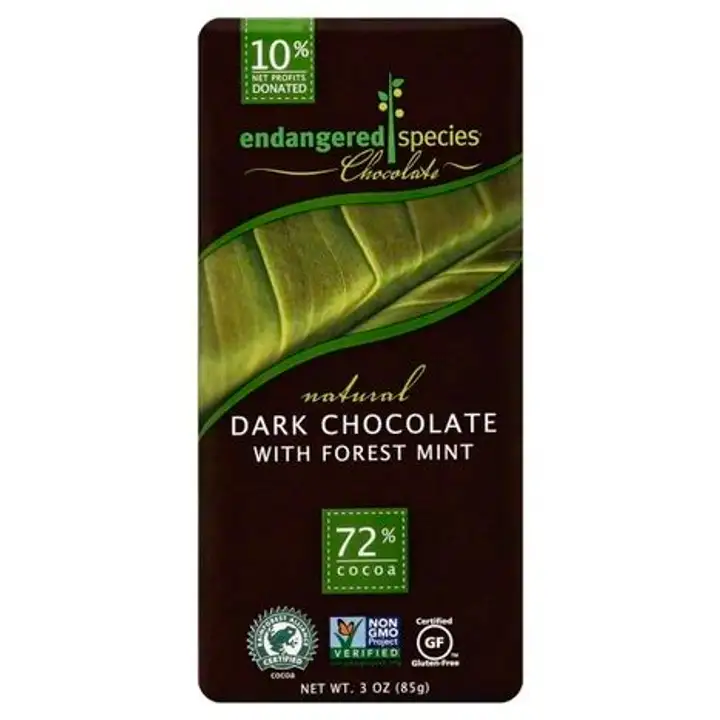 Order Endangered Species Dark Chocolate, with Forest Mint, 72% Cocoa - 3 Ounces food online from Novato Harvest Market store, Novato on bringmethat.com