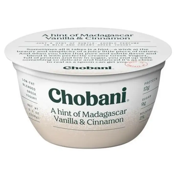 Order Chobani Yogurt, Greek, Low-Fat, Madagascar Vanilla & Cinnamon - 5.3 Ounces food online from Whole Foods Co-Op Denfeld store, Duluth on bringmethat.com