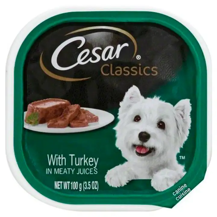 Order Cesar Classics Canine Cuisine, with Turkey, in Meaty Juices - 3.5 Ounces food online from Fligner Market store, Lorain on bringmethat.com