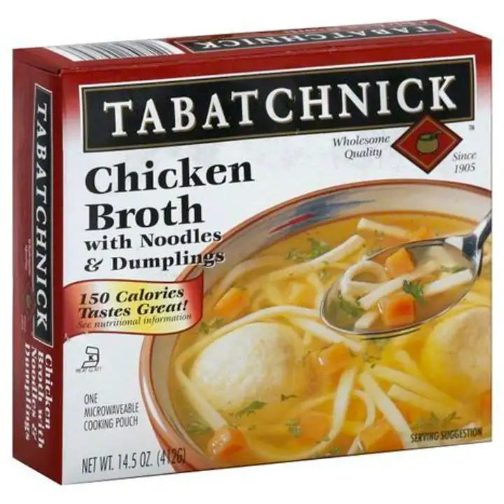 Order Tabatchnick Chicken Broth, with Noodles & Dumplings - 15 Ounces food online from Holiday farms store, Roslyn Heights on bringmethat.com