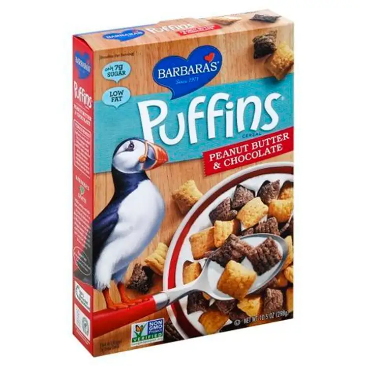 Order Barbaras Puffins Cereal, Peanut Butter & Chocolate - 10.5 Ounces food online from Novato Harvest Market store, Novato on bringmethat.com