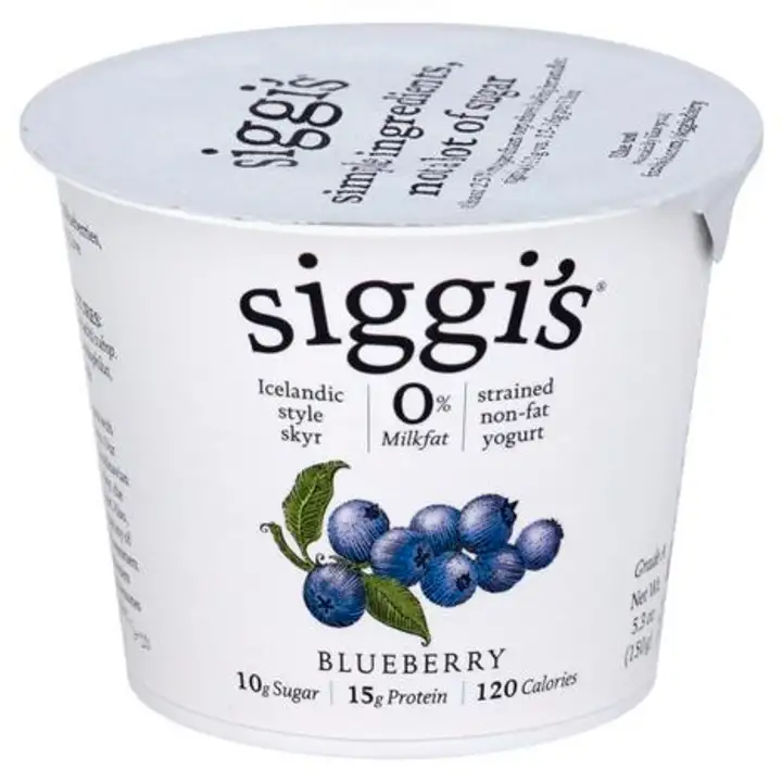 Order Siggis Yogurt, Non-Fat, Icelandic Style Skyr, Strained, Blueberry - 5.3 Ounces food online from Holiday farms store, Roslyn Heights on bringmethat.com
