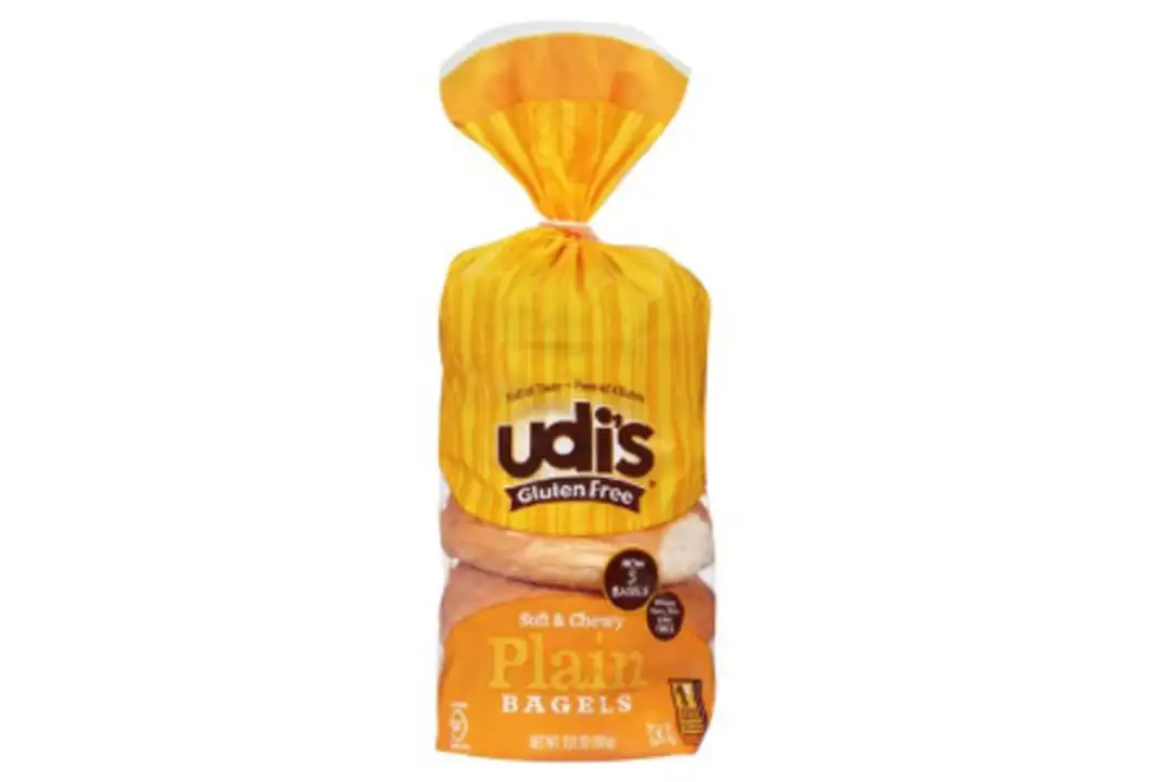 Order Udis Gluten Free Bagels, Soft & Chewy, Plain - 14 Ounces food online from Holiday farms store, Roslyn Heights on bringmethat.com