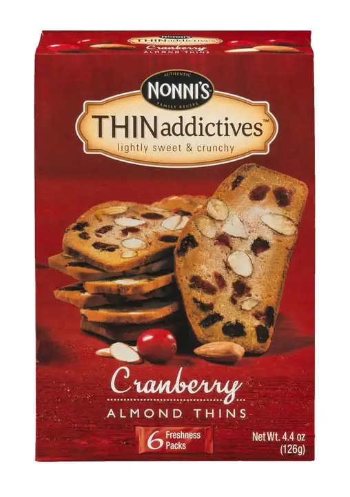 Order Nonnis Thin Addictives Cookies, Almond Thin, Cranberry - 4.44 Ounces food online from Holiday farms store, Roslyn Heights on bringmethat.com