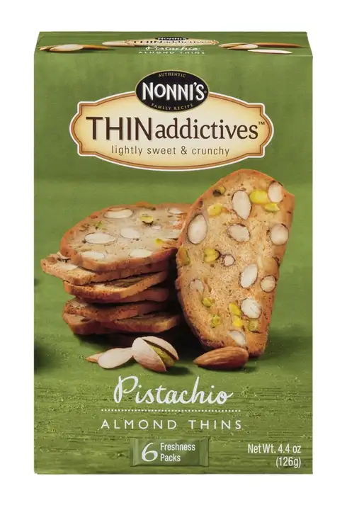 Order Nonnis Thin Addictives Cookies, Almond Thin, Pistachio - 4.44 Ounces food online from Holiday farms store, Roslyn Heights on bringmethat.com
