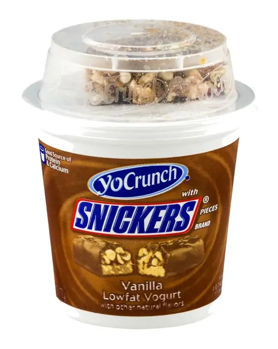 Order YoCrunch with Snickers Vanilla Lowfat Yogurt - 6 Ounces food online from Fligner Market store, Lorain on bringmethat.com