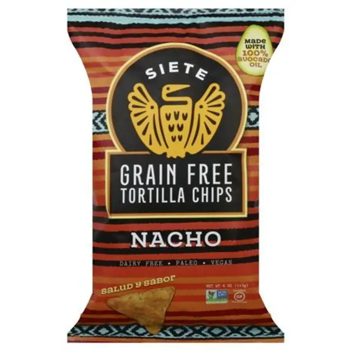 Order Siete Tortilla Chips, Grain Free, Nacho - 4 Ounces food online from Whole Foods Co-Op Denfeld store, Duluth on bringmethat.com