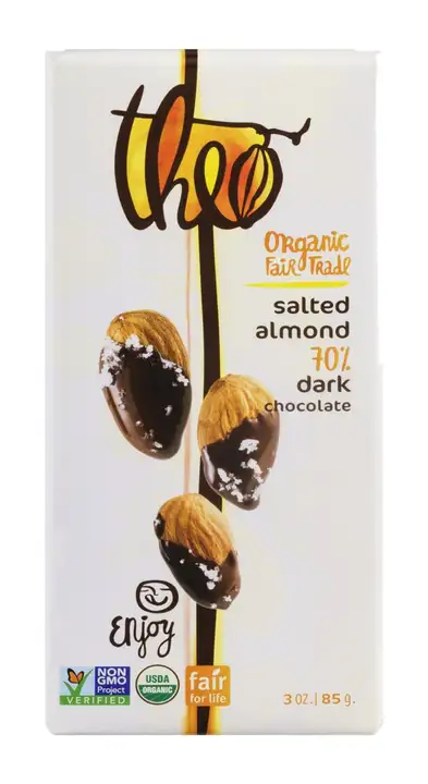 Order Theo Dark Chocolate, Organic, Salted Almond, 70% - 3 Ounces food online from Whole Foods Co-Op Denfeld store, Duluth on bringmethat.com