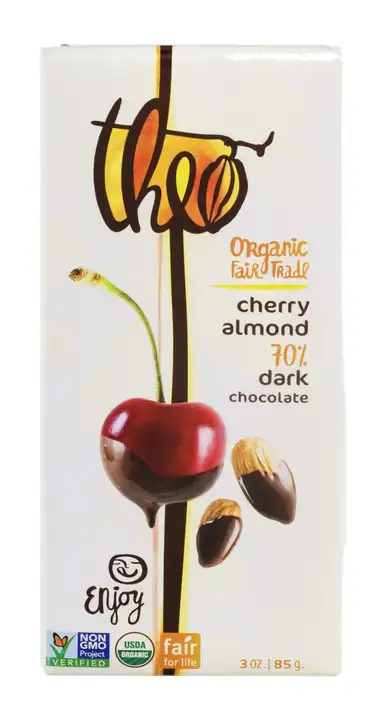 Order Theo Dark Chocolate, 70%, Cherry Almond, Organic - 3 Ounces food online from Whole Foods Co-Op Denfeld store, Duluth on bringmethat.com