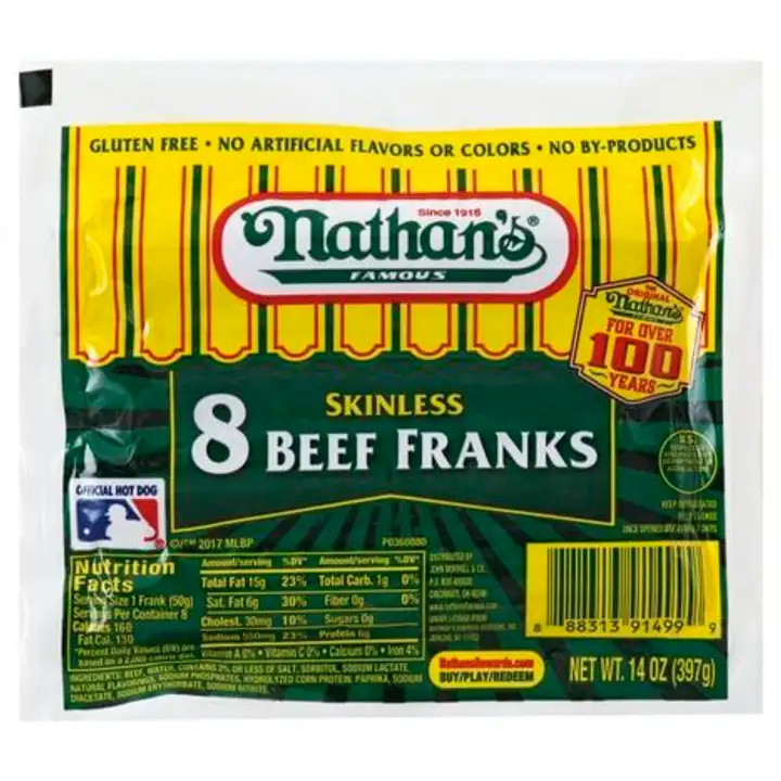 Order Nathans Famous Franks, Beef, Skinless - 14 Ounces food online from Novato Harvest Market store, Novato on bringmethat.com