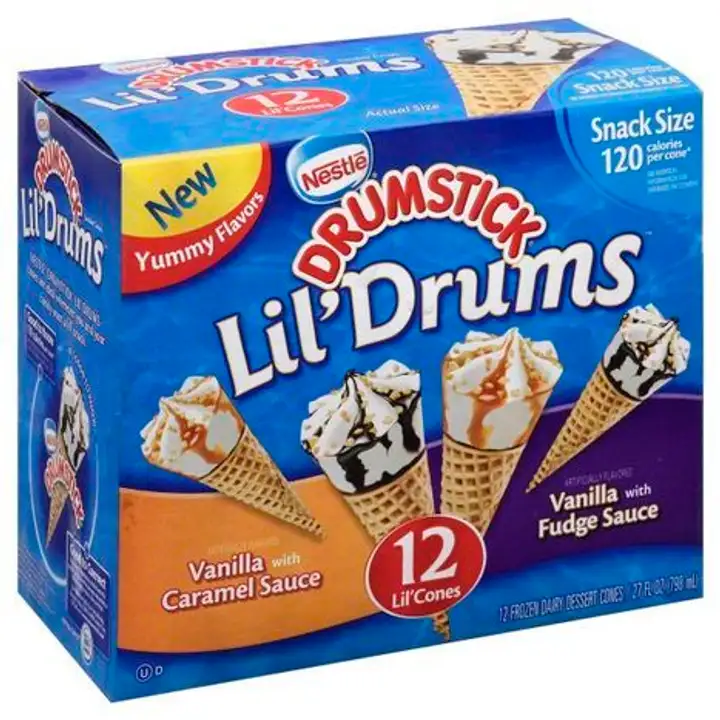 Order Drumstick Lil Drums Frozen Dairy Dessert Cones, Vanilla with Caramel Sauce, Vanilla with Fudge Sauce, Snack Size - 12 Pack (27 Fluid Ounces Each) food online from Novato Harvest Market store, Novato on bringmethat.com
