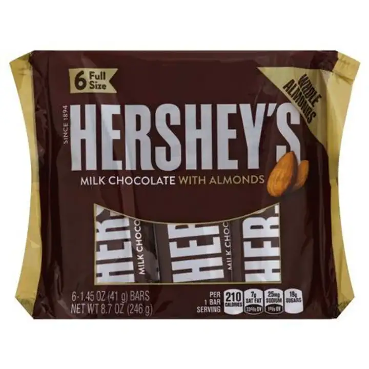 Order Hersheys Milk Chocolate, with Almonds, Full Size - 6 Count food online from Holiday farms store, Roslyn Heights on bringmethat.com