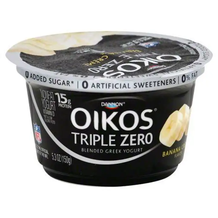 Order Oikos Triple Zero Yogurt, Greek, Nonfat, Blended, Banana Cream Flavor - 5.3 Ounces food online from Novato Harvest Market store, Novato on bringmethat.com