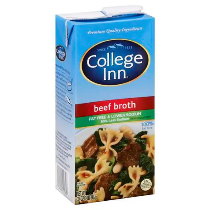 Order College Inn Broth, Fat Free & Lower Sodium, Beef - 32 Ounces food online from Holiday farms store, Roslyn Heights on bringmethat.com