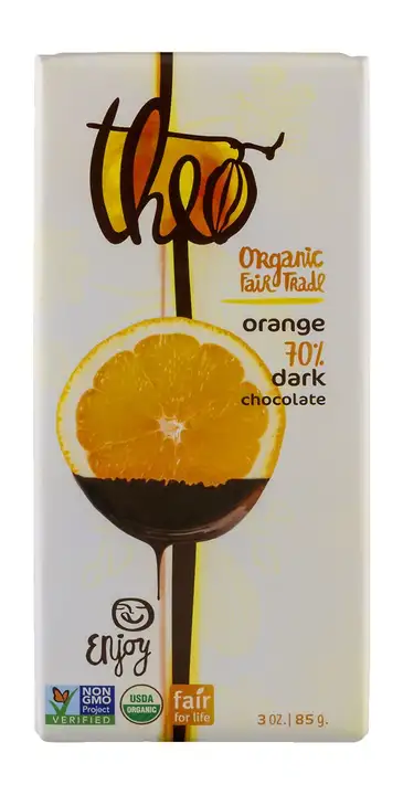 Order Theo Dark Chocolate, 70%, Orange - 3 Ounces food online from Whole Foods Co-Op Denfeld store, Duluth on bringmethat.com