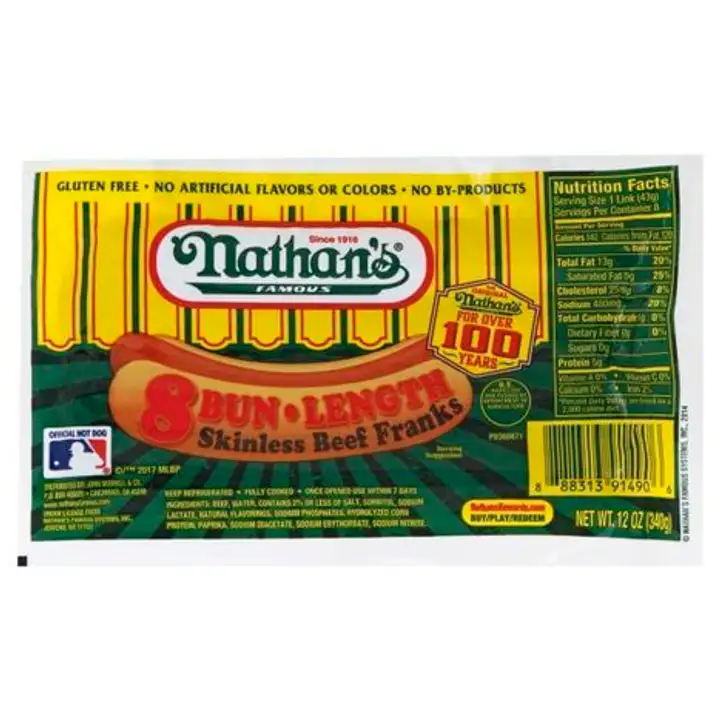 Order Nathans Famous Franks, Beef, Skinless, Bun Lengh - 12 Ounces food online from Meats Supreme store, Brooklyn on bringmethat.com