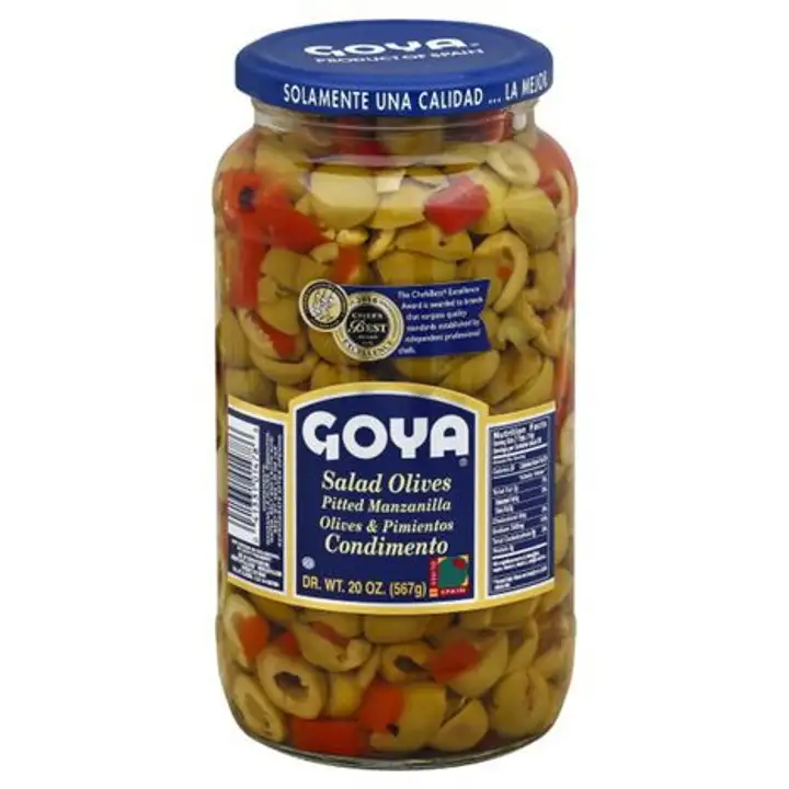 Order Goya Olives, Salad, Manzanilla, Pitted - 20 Ounces food online from Fligner Market store, Lorain on bringmethat.com