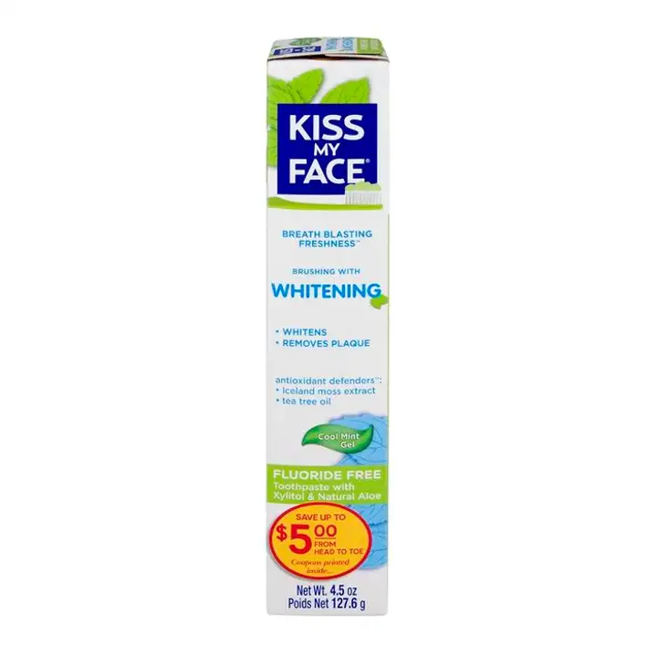 Order Kiss My Face Toothpaste,  Fluoride Free, Whitening, Cool Mint, Gel - 4.5 Ounces food online from Whole Foods Co-Op Denfeld store, Duluth on bringmethat.com