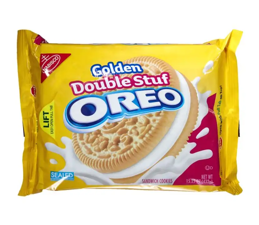 Order Oreo Double Stuf Cookies, Sandwich, Golden - 18 Ounces food online from Holiday farms store, Roslyn Heights on bringmethat.com