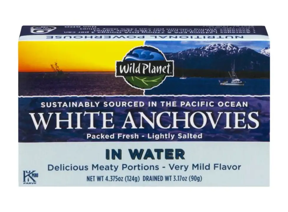 Order Wild Planet Anchovies, Wild, White, in Water with Sea Salt - 4.38 Ounces food online from Novato Harvest Market store, Novato on bringmethat.com