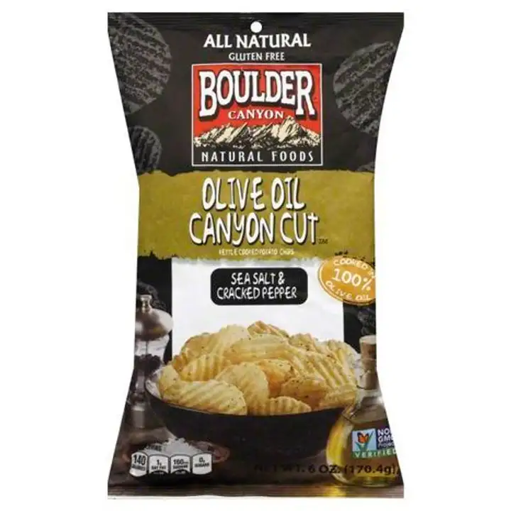 Order Boulder Canyon Potato Chips, Kettle Cooked, Olive Oil - 6 Ounces food online from Whole Foods Co-Op Denfeld store, Duluth on bringmethat.com