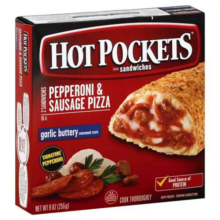 Order Hot Pockets Sandwiches, Seasoned Crust, Pepperoni & Sausage Pizza - 9 Ounces food online from Fligner Market store, Lorain on bringmethat.com