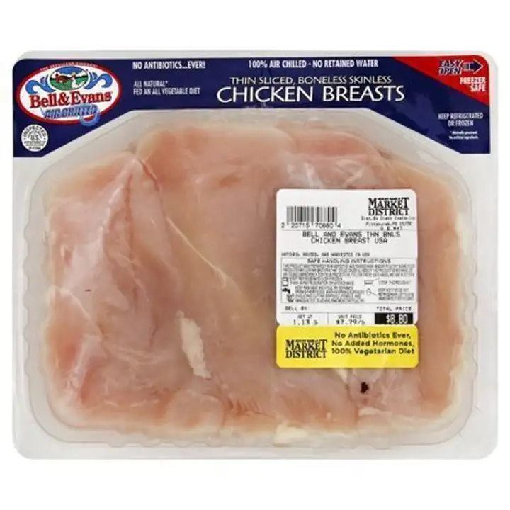 Order Bell & Evans Boneless Chicken Thin Sliced food online from Holiday farms store, Roslyn Heights on bringmethat.com