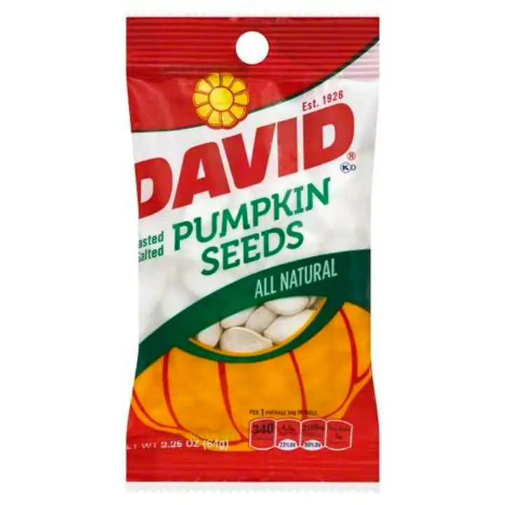 Order David Pumpkin Seeds, Roasted & Salted - 2.25 Ounces food online from Novato Harvest Market store, Novato on bringmethat.com