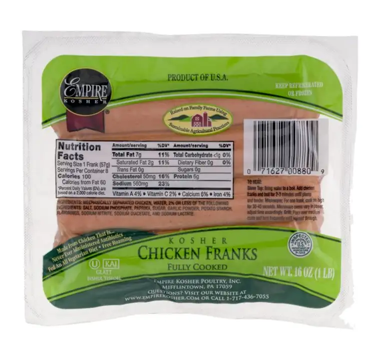 Order Empire Kosher Franks, Uncured Chicken - 16 Ounces food online from Holiday farms store, Roslyn Heights on bringmethat.com